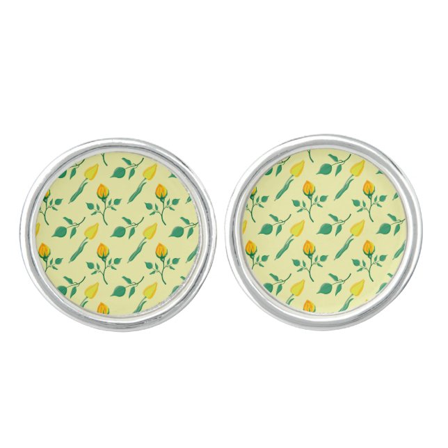 Floral pattern with yellow rose and tulip flowers cufflinks (Front)
