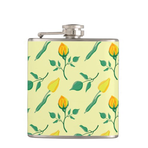 Floral pattern with yellow rose and tulip flowers flask