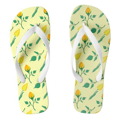 Floral pattern with yellow rose and tulip flowers flip flops