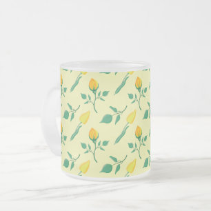 Floral pattern with yellow rose and tulip flowers frosted glass coffee mug