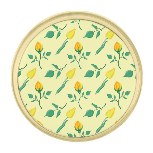 Floral pattern with yellow rose and tulip flowers gold finish lapel pin (Front)