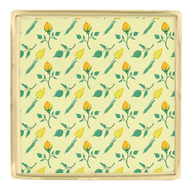 Floral pattern with yellow rose and tulip flowers gold finish lapel pin (Front)