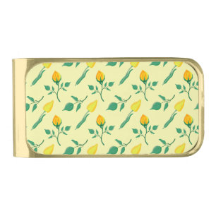 Floral pattern with yellow rose and tulip flowers gold finish money clip