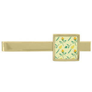 Floral pattern with yellow rose and tulip flowers gold finish tie bar