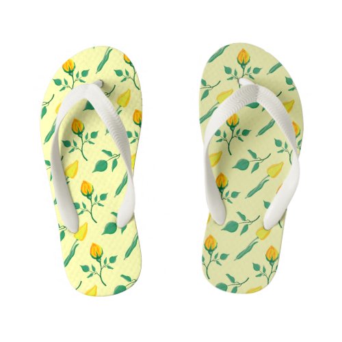 Floral pattern with yellow rose and tulip flowers kids flip flops