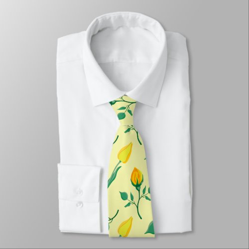 Floral pattern with yellow rose and tulip flowers neck tie