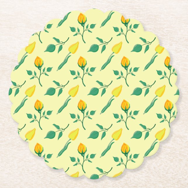 Floral pattern with yellow rose and tulip flowers paper coaster (Front)