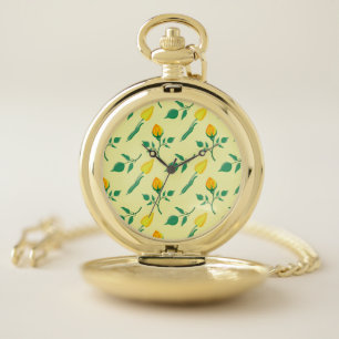 Floral pattern with yellow rose and tulip flowers pocket watch