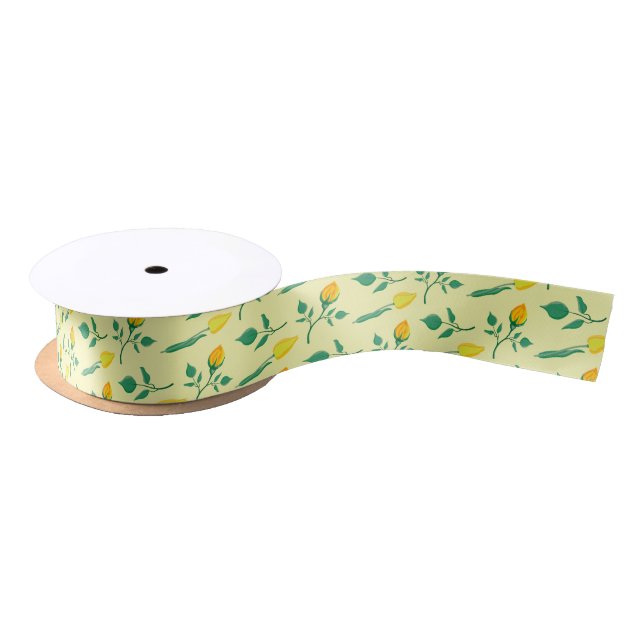 Floral pattern with yellow rose and tulip flowers satin ribbon (Spool)