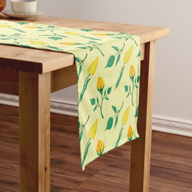 Floral pattern with yellow rose and tulip flowers short table runner (In Situ)