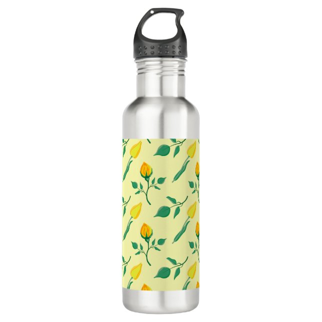 Floral pattern with yellow rose and tulip flowers stainless steel water bottle (Front)