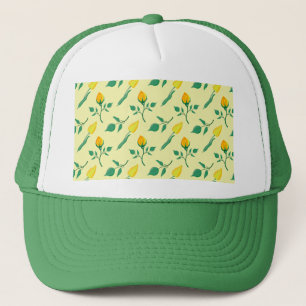 Floral pattern with yellow rose and tulip flowers trucker hat