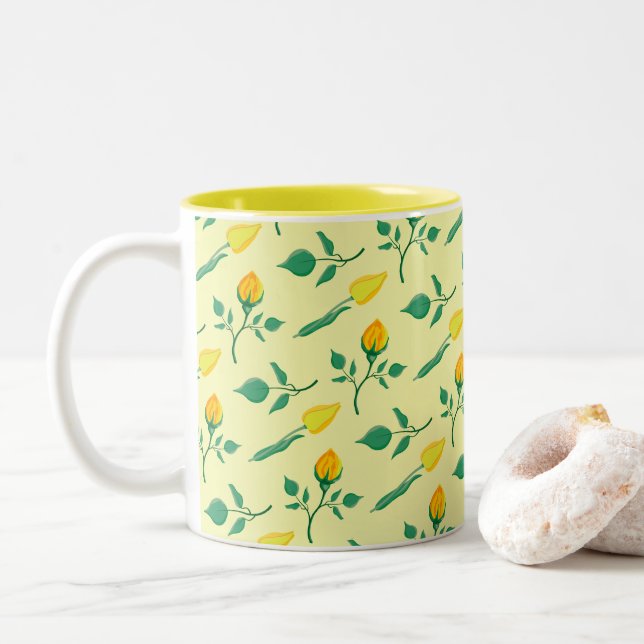 Floral pattern with yellow rose and tulip flowers Two-Tone coffee mug (With Donut)