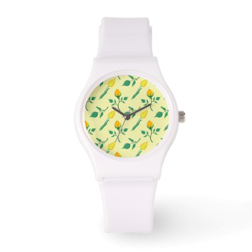 Floral pattern with yellow rose and tulip flowers watch