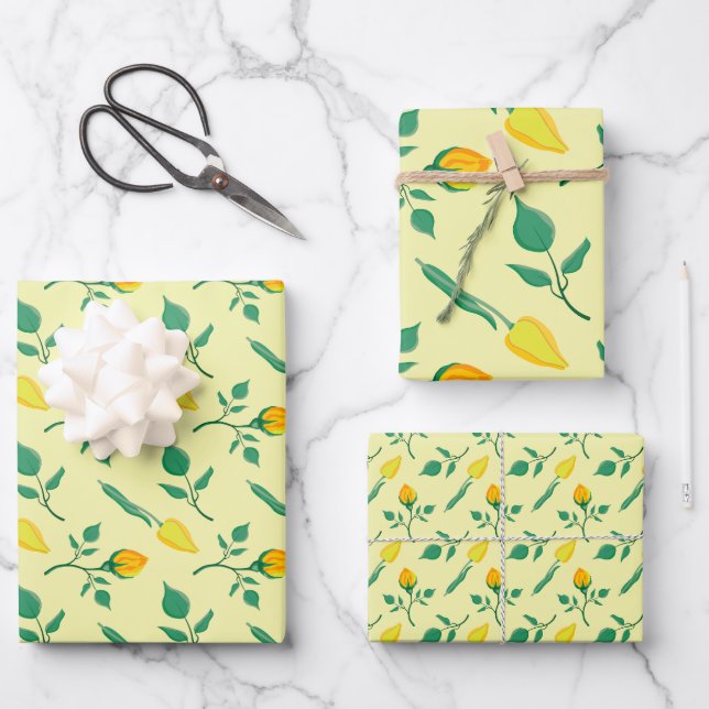 Floral pattern with yellow rose and tulip flowers wrapping paper sheets (Front)