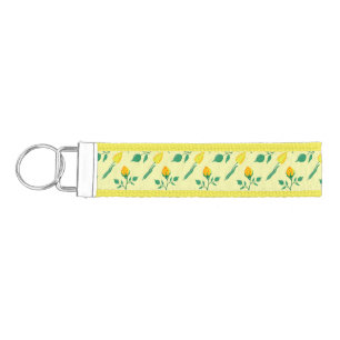 Floral pattern with yellow rose and tulip flowers wrist keychain