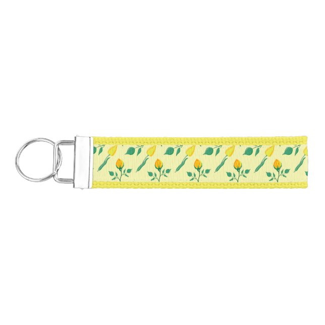 Floral pattern with yellow rose and tulip flowers wrist keychain (Keys on Left)