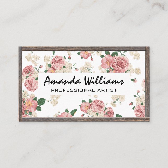 Floral Pattern | Wood Border Business Card (Front)
