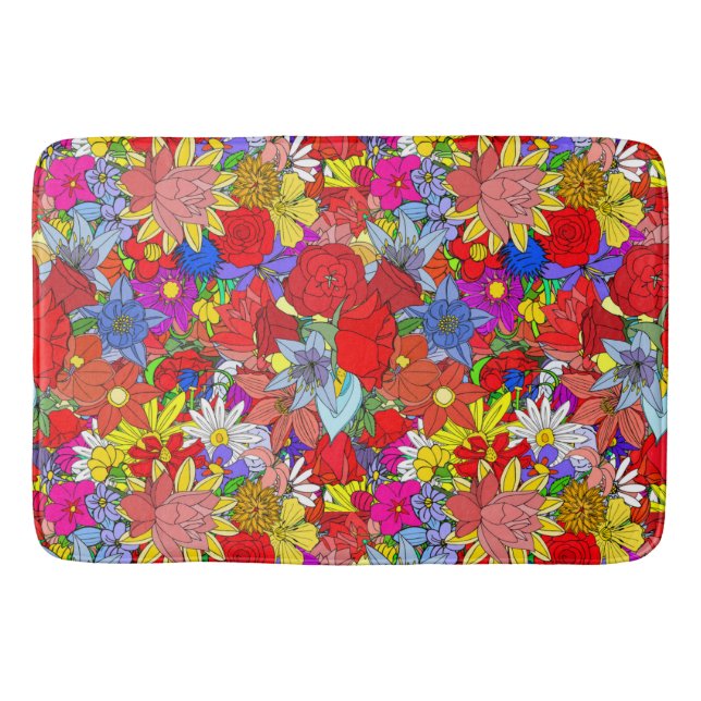 Floral Pattern Yellow Blue Purple Green Red   Bath Mat (Front)