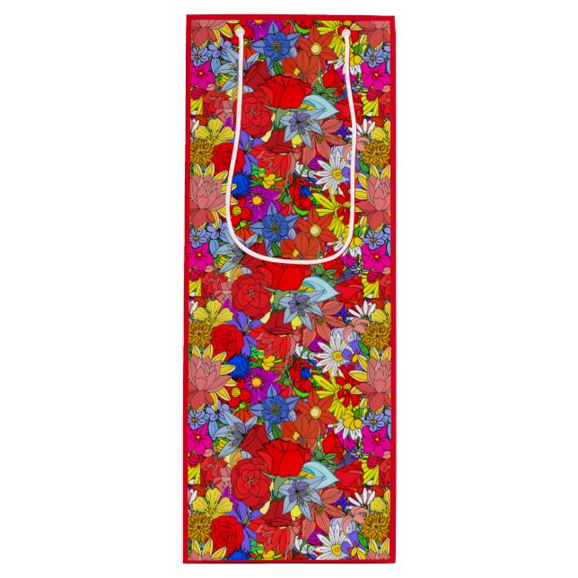 Floral Pattern Yellow Blue Purple Green Red   Wine Gift Bag (Front)