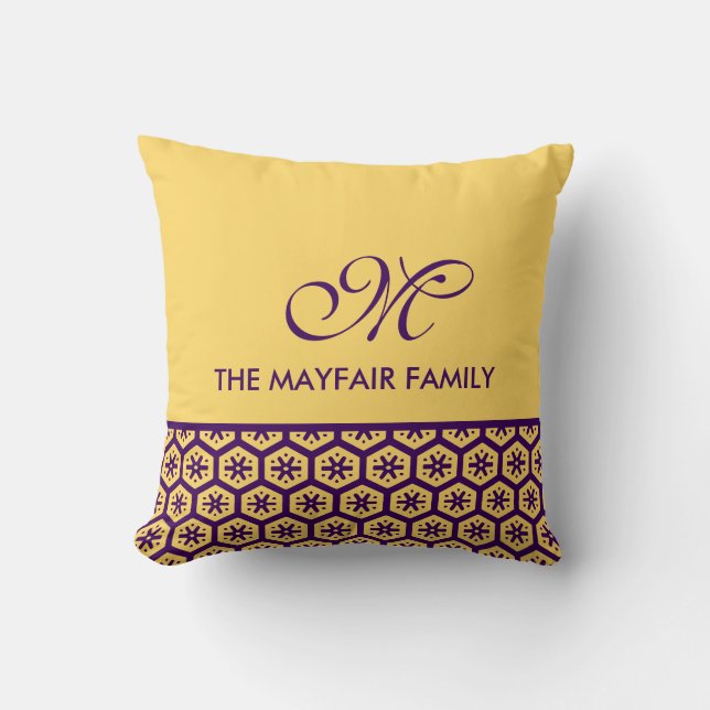 Floral Pattern Yellow Purple Family Monogram Throw Pillow (Front)