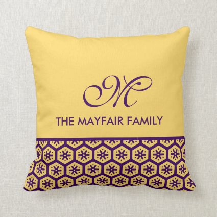 Floral Pattern Yellow Purple Family Monogram Throw Pillow