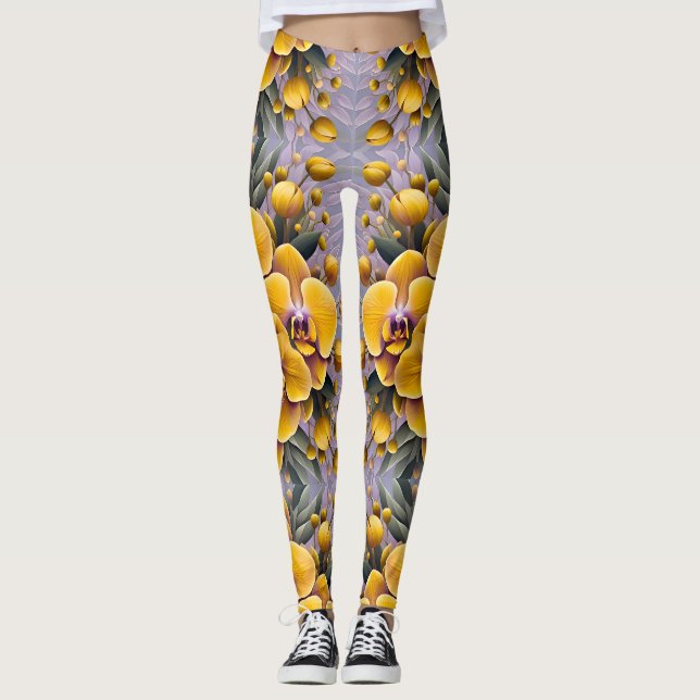 FLORAL PATTERN ~ Yellow silver ~ Leggings (Front)