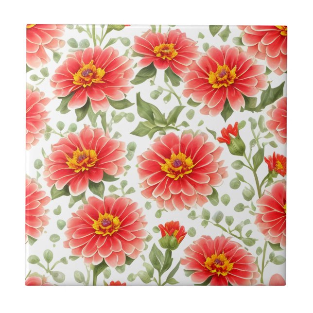 Floral Pattern Zinnia Flowers Ceramic Tile (Front)