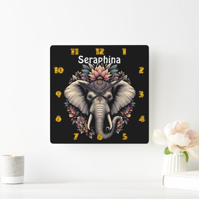 Floral-patterned elephant in nature square wall clock (Home)