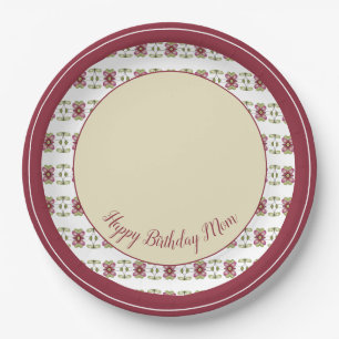 Floral Patterned In Burgundy And Cream Paper Plates