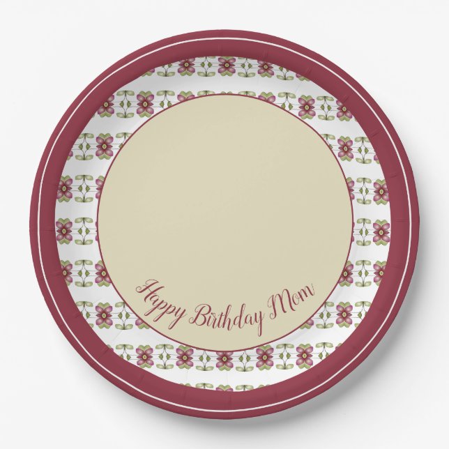 Floral Patterned In Burgundy And Cream Paper Plates (Front)