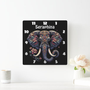 Floral-patterned vibrant elephant square wall clock