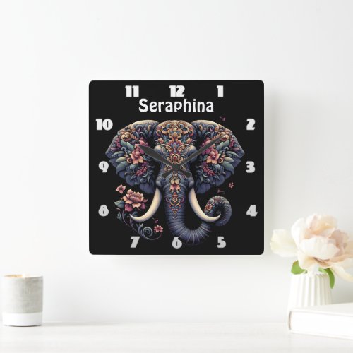 Floral_patterned vibrant elephant square wall clock