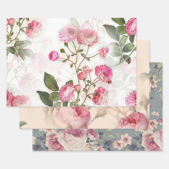Floral Patterns of Pink Flowers & Roses Wrapping Paper Sheets (Set)