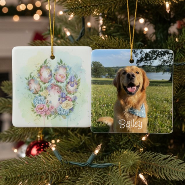 Floral Paw Print and Photo Pet Christmas Ceramic Ornament (Watercolor floral pawprint photo Christmas ornament)