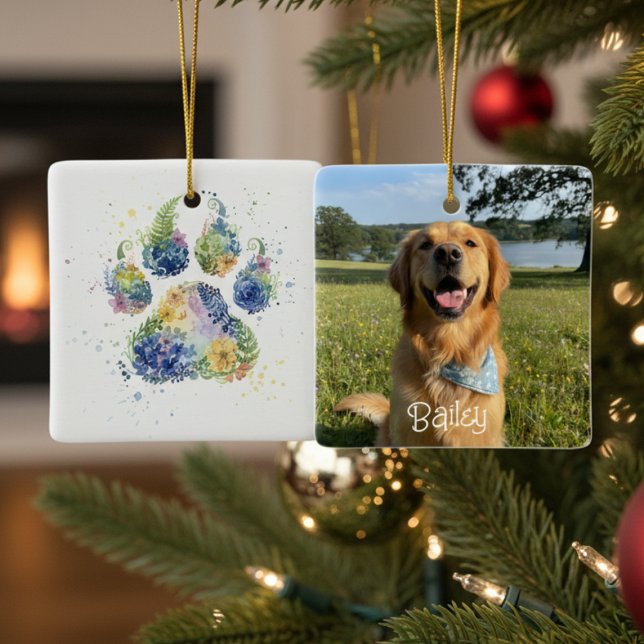 Floral Paw Print and Photo Pet Christmas Ceramic Ornament (Watercolor pawprint photo Christmas ornament)