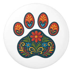 Floral Paw Print Folk Art Design Ceramic Knob