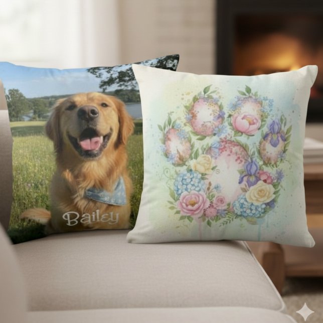 Floral Paw Print Pet Advocate Design Throw Pillow (Watercolor botanical floral pet photo pillow)