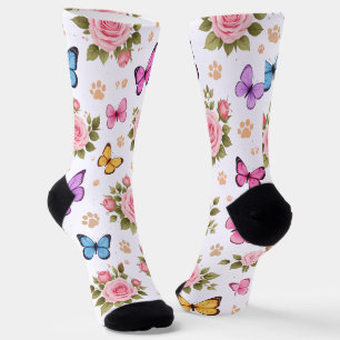 Floral Paw Print Socks with Roses & Butterflies