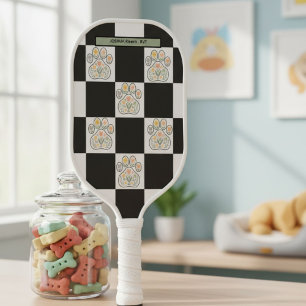 Floral pawprint checkerboard Veterinary Name Pickleball Paddle