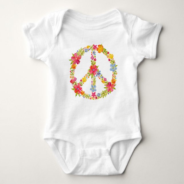 Floral Peace Sign Hippie Baby Bodysuit (Front)