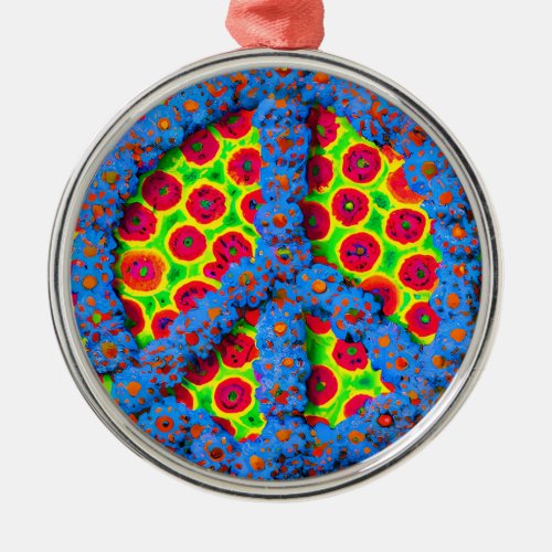 Floral Peace Sign Hippie Style Metal Ornament