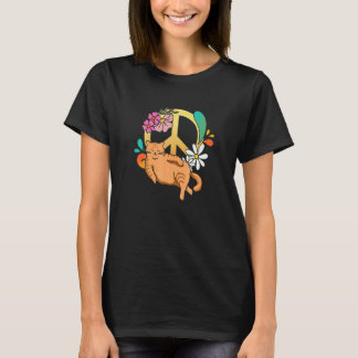 Floral Peace Sign Lazy Cat 70 S Graphic Style Hipp T-Shirt