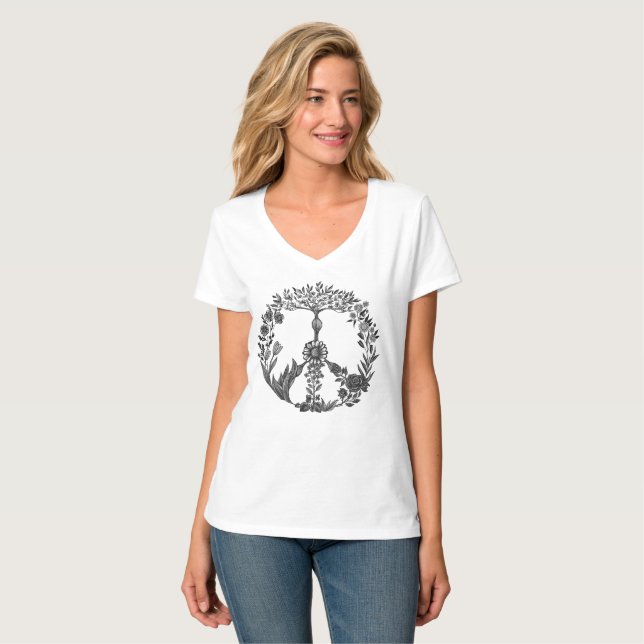Floral Peace Sign Pencil Drawing Cute Elegant Boho T-Shirt (Front Full)