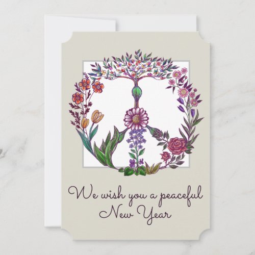 Floral peace sign simple and modern flower wreath holiday card