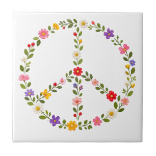 Floral Peace Sign Wreath Colorful Wildflowers Ceramic Tile