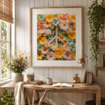 Floral Peace Symbol Art Poster – Retro 60s Flower