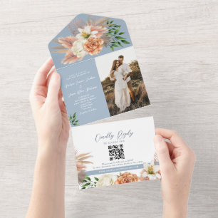 Floral Peach and Dusty Blue Wedding  All In One Invitation