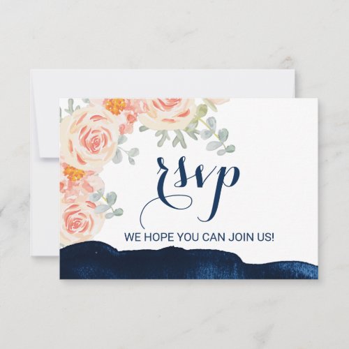 Floral Peach and Navy Watercolor Menu Choice RSVP Invitation