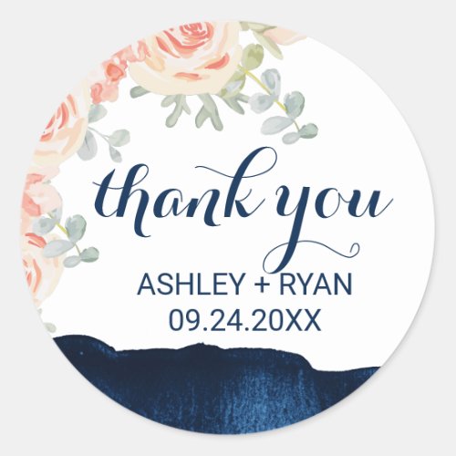 Floral Peach and Navy Watercolor Thank You Favor Classic Round Sticker
